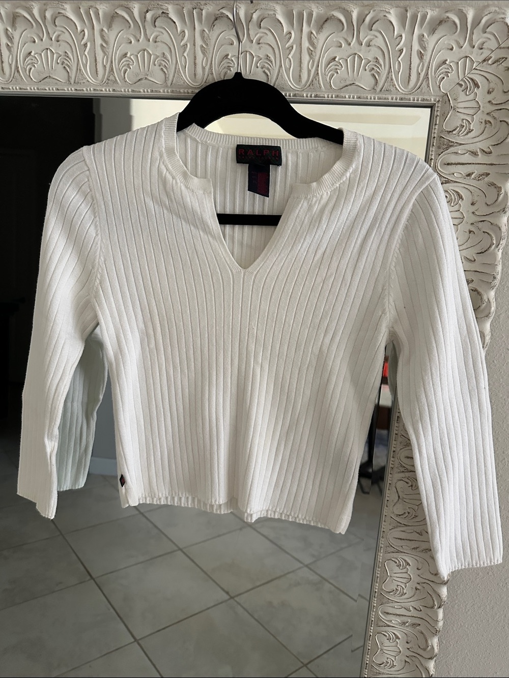 Ralph Lauren Vintage White Ribbed V-Neck Quarter Sleeve Sweater